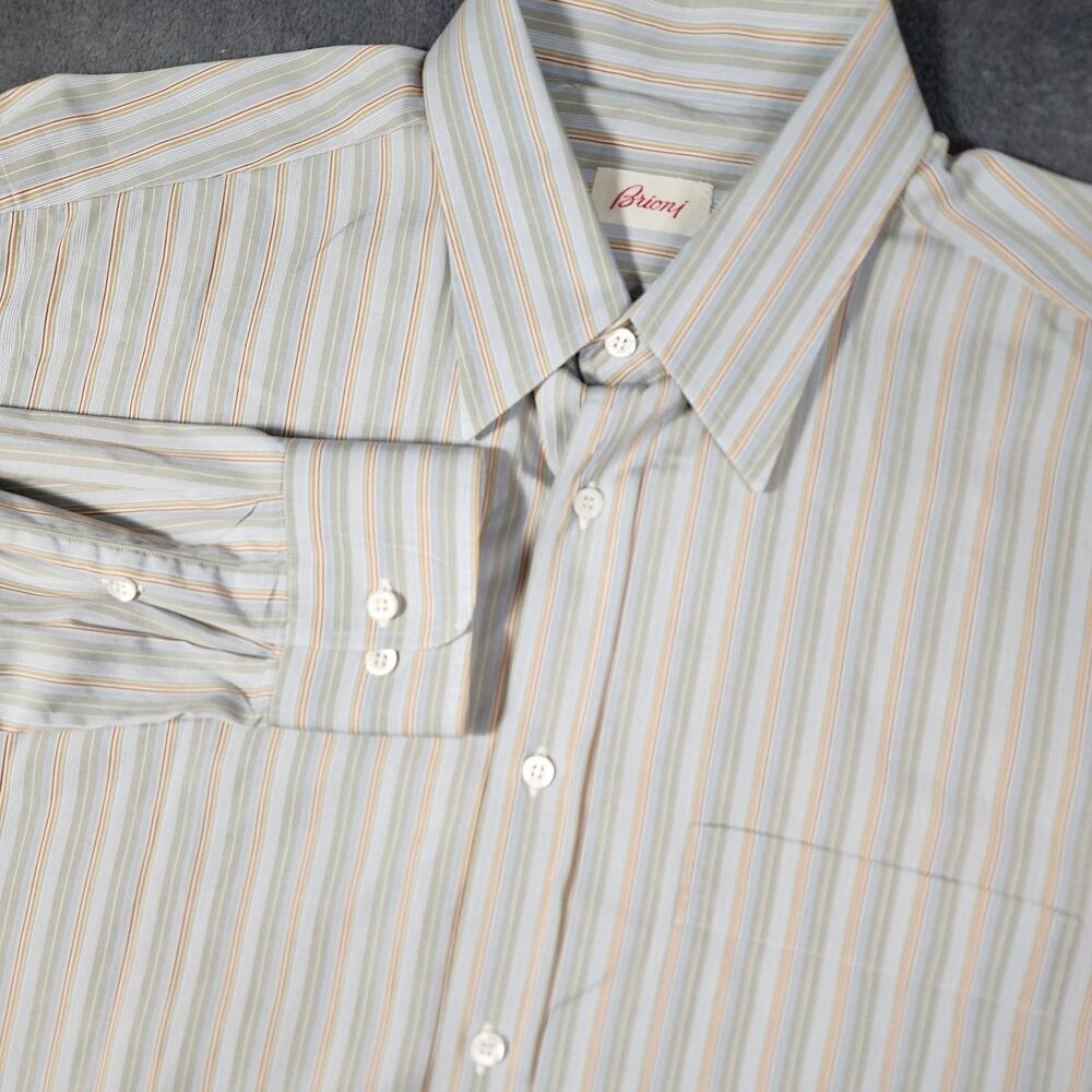 Brioni Men's Large Vintage Button Up Shirt Striped Cotton Luxury Made In Italy